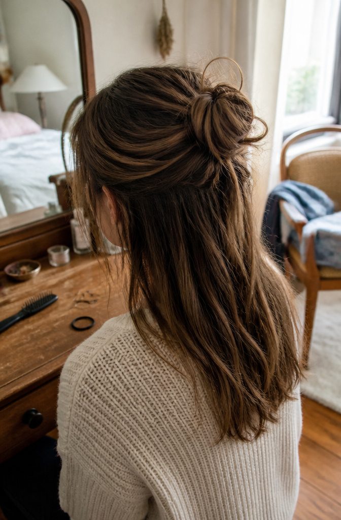 Half-bun with twisted top section and loose hair over the shoulders