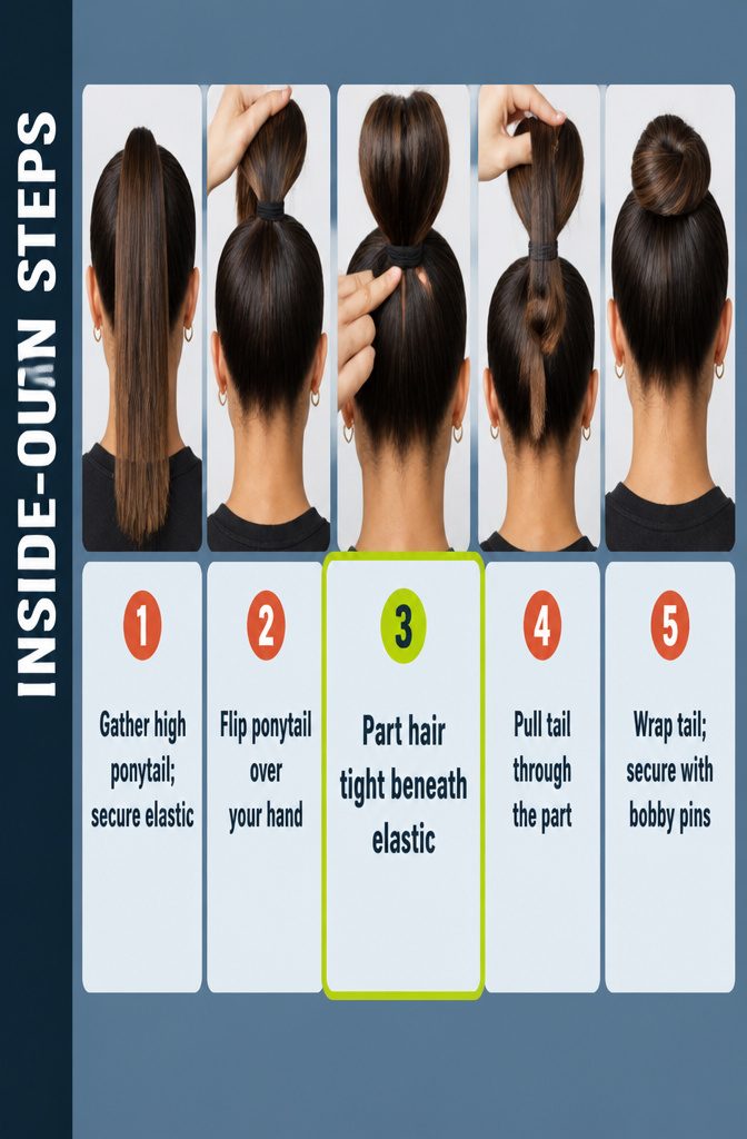 Inside-out bun with ponytail pulled through a part beneath the elastic