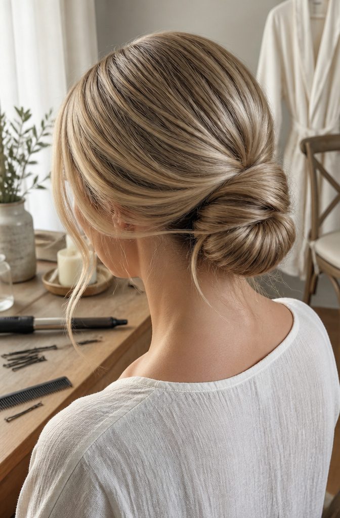 Low side bun with loose front sections curled and pinned around it