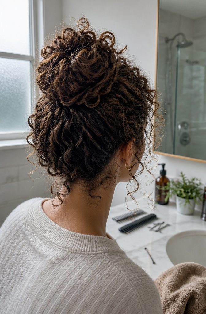 Curly hair gathered into a bun with small twisted sections and loose ends