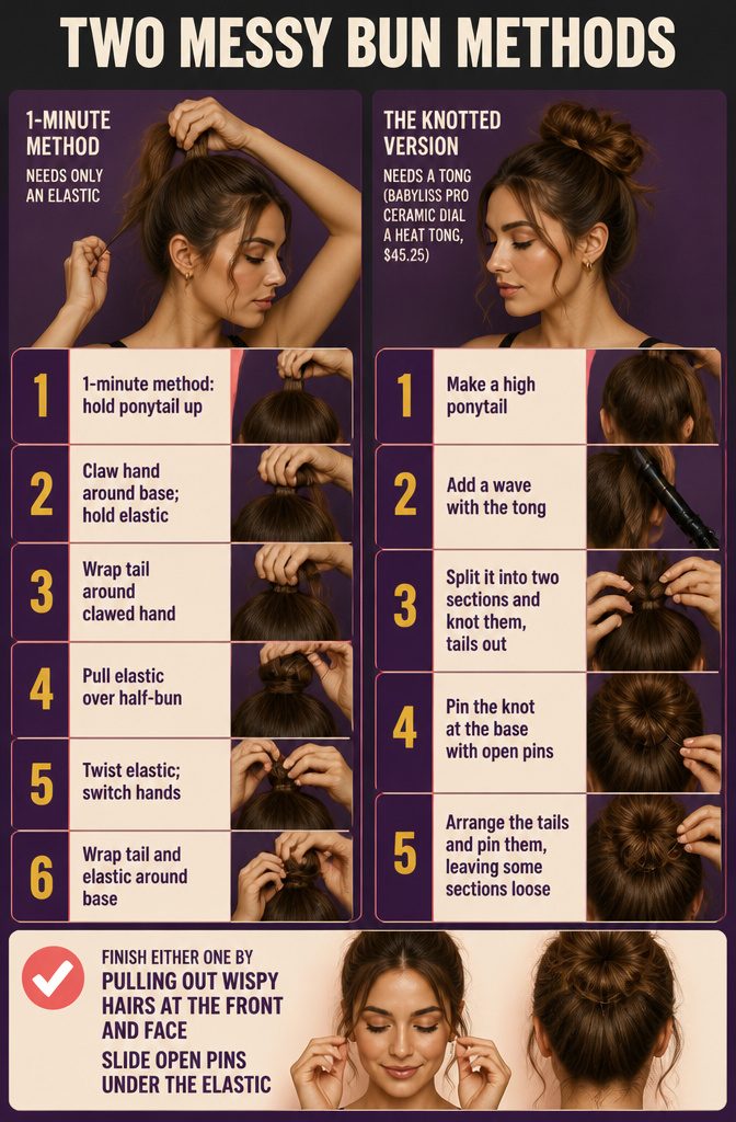Two messy bun methods with ponytail wrapping and a pinned knot