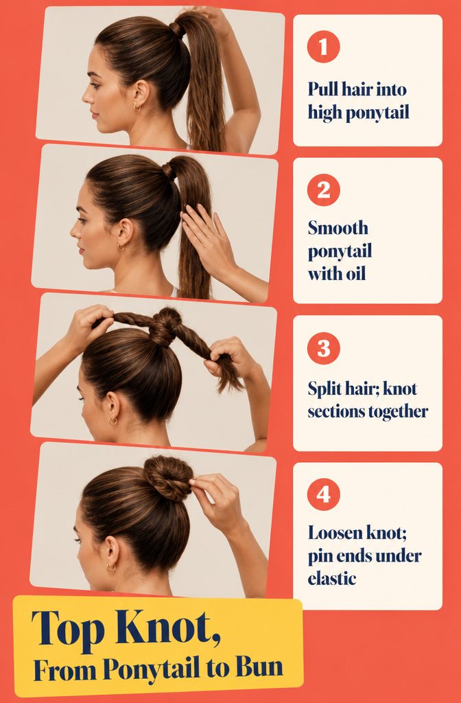 Top knot steps showing a high ponytail split into two knotted sections