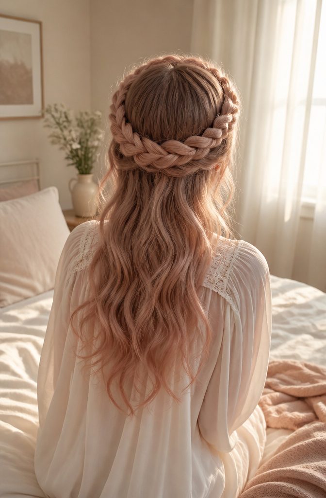 Angelcore beauty photograph with soft waves and pale hair color