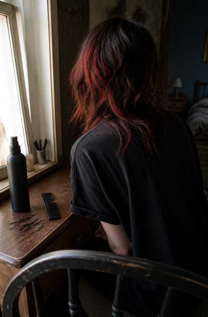 Grunge beauty photograph with messy layers and vivid hair streak