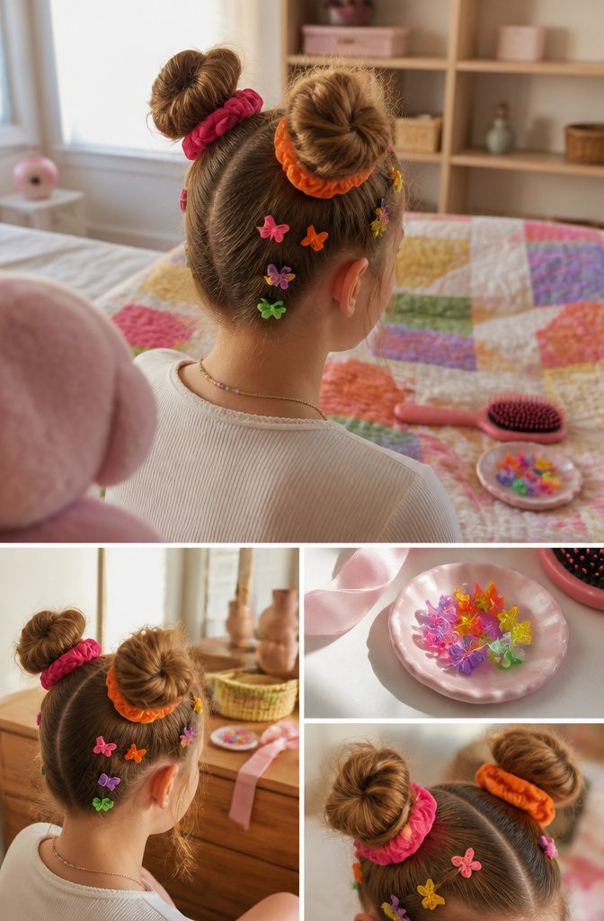 Kidcore beauty photograph with bright hair clips and playful styling
