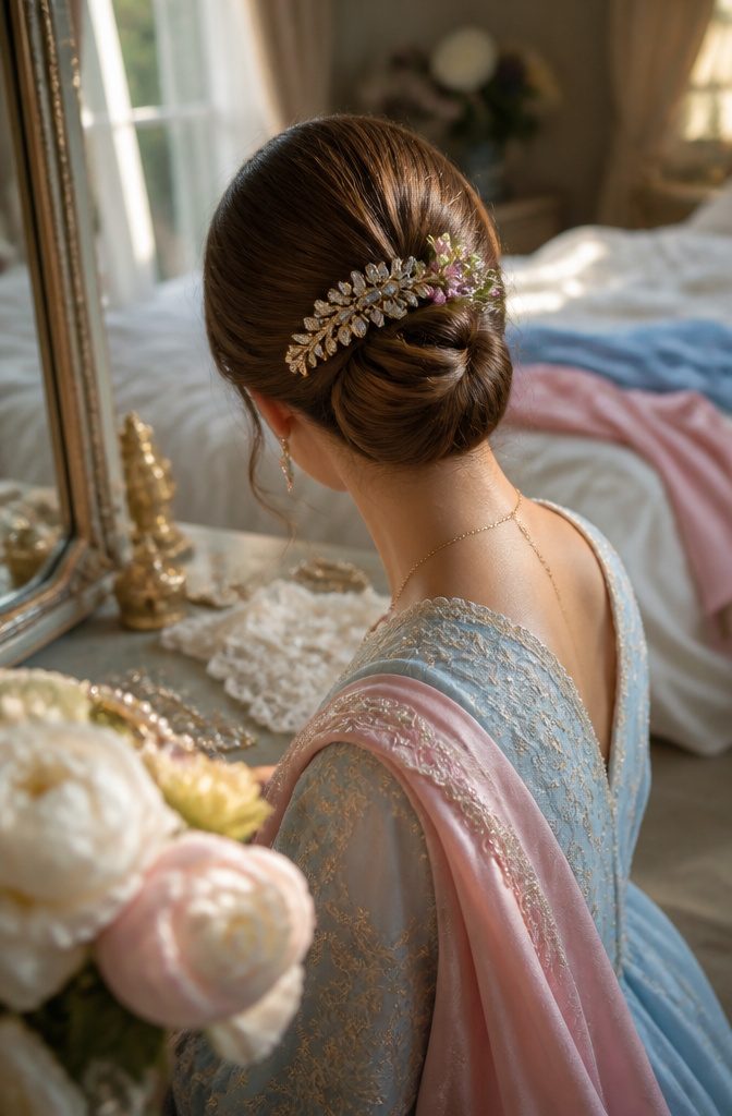 Princesscore beauty photograph with polished updo and jeweled accessory