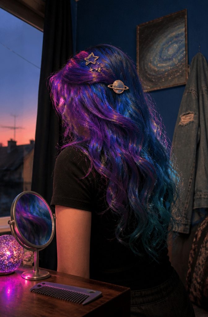 Spacecore beauty photograph with purple magenta blue and turquoise hair