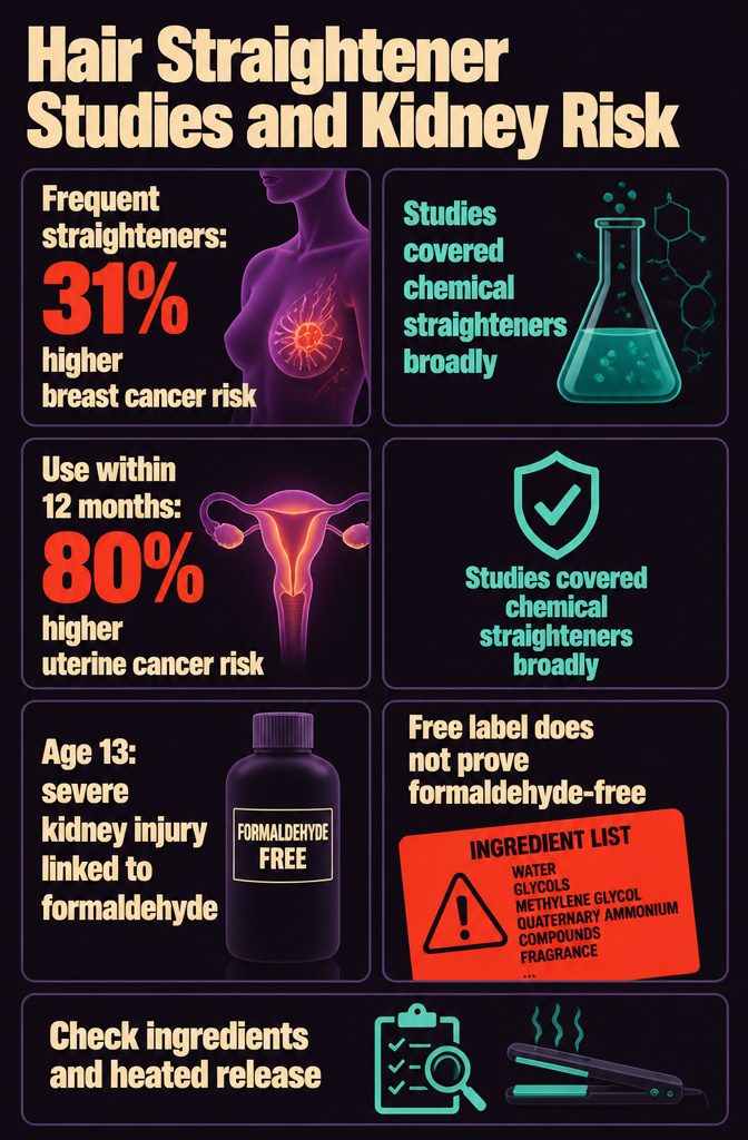 Hair straightener research graphic with cancer and kidney risk topics