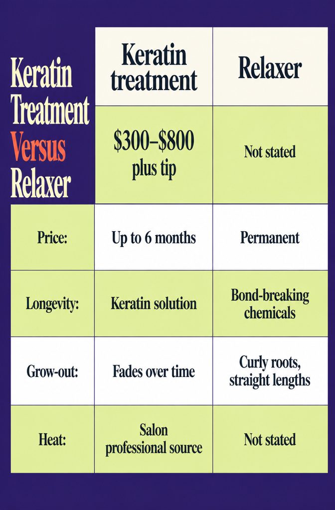 Comparison diagram of keratin treatment and relaxer hair straightening