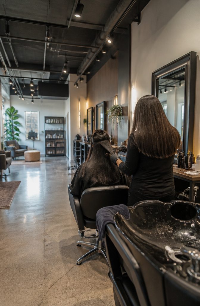 Salon photo showing hair during a keratin treatment appointment