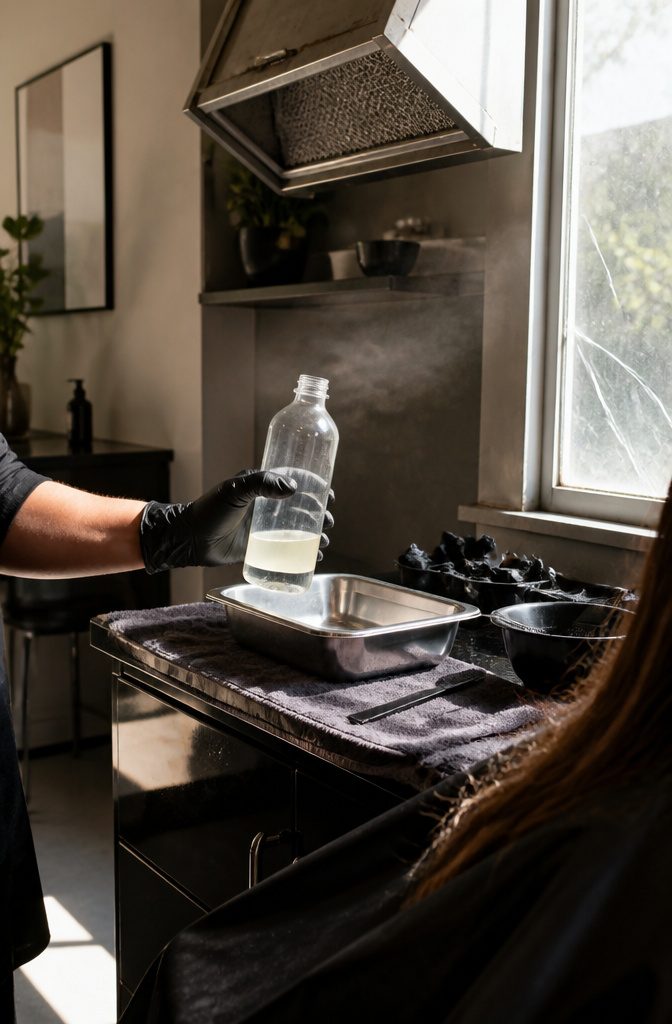 Gloved stylist hand holding clear bottle beside stainless mixing tray