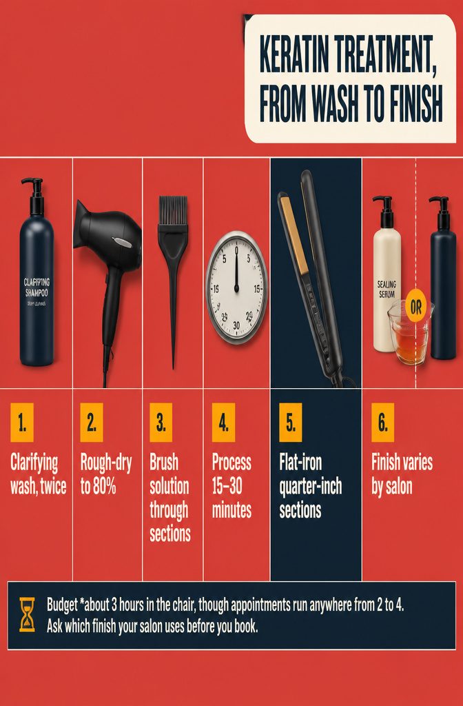 Keratin treatment process diagram with wash and flat iron steps