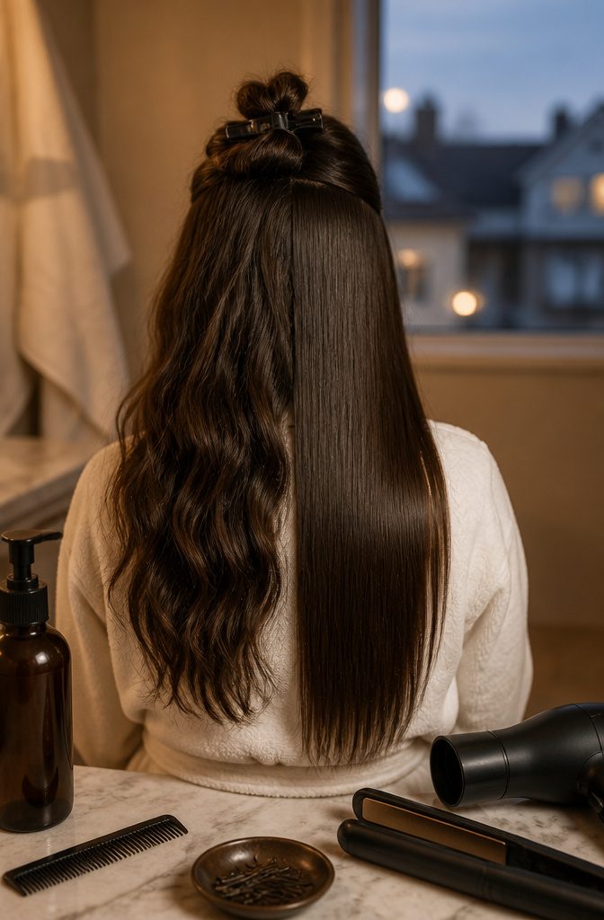 At-home hair smoothing product shown beside styled hair