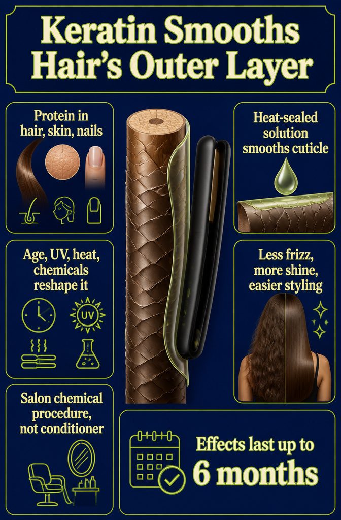Hair strand diagram showing a smoothed outer cuticle layer