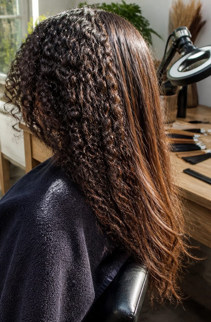 Hair care photo showing a person's hair in close view