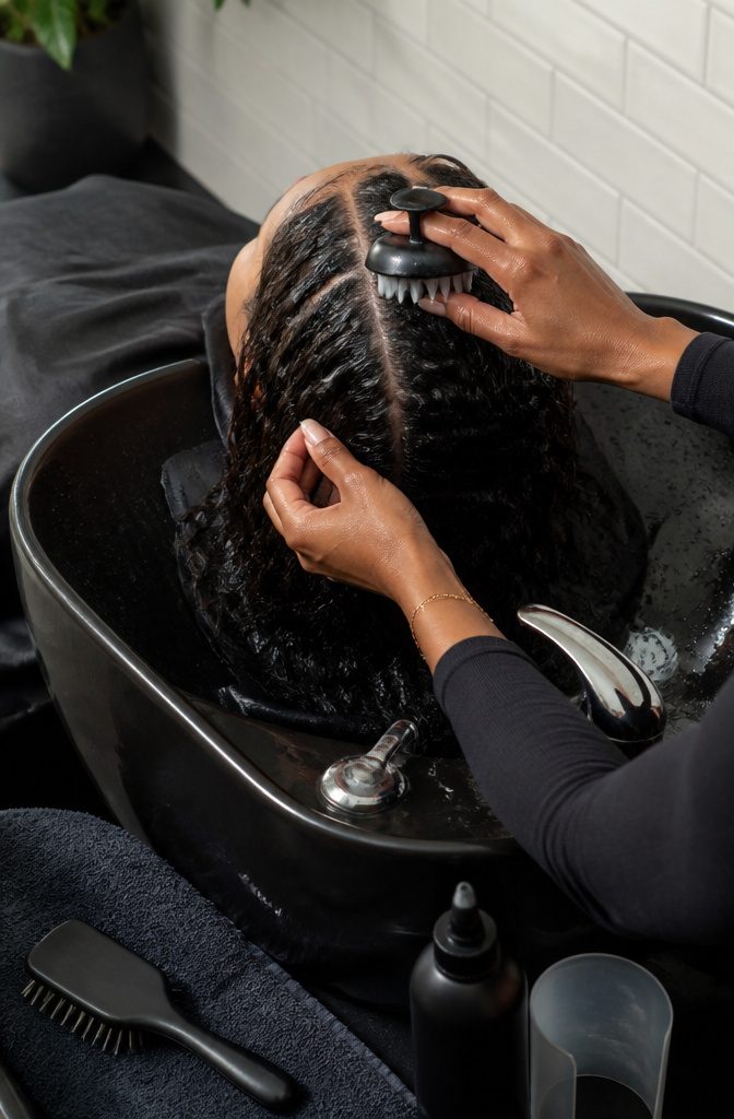 Scalp brush spreading scrub through parted wet hair over a basin
