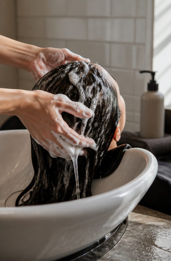 Hands massaging shampoo into wet hair at the scalp