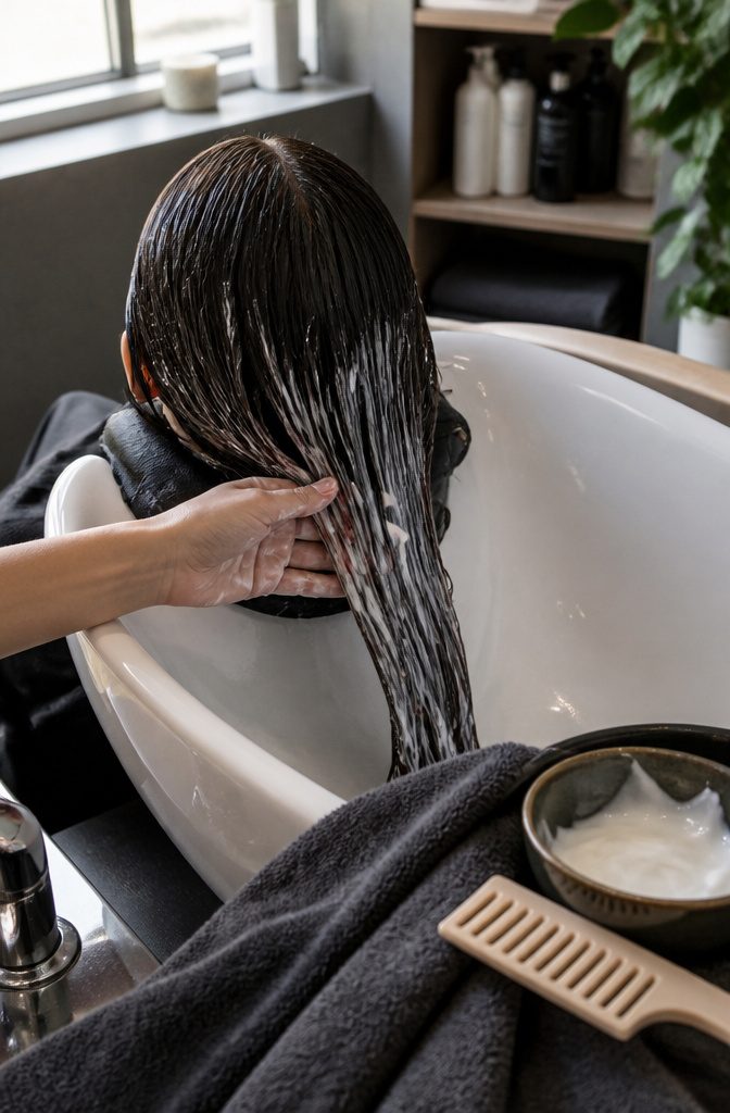 Hands spreading creamy conditioner through damp hair above a salon basin