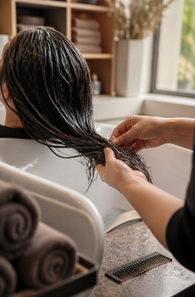 Stylist separating a knot in damp hair beside a wide-tooth comb