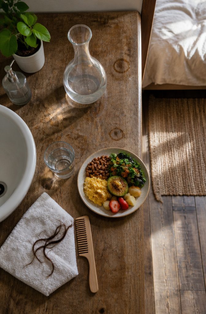 Hair care products beside water, leafy greens, and a sleep mask
