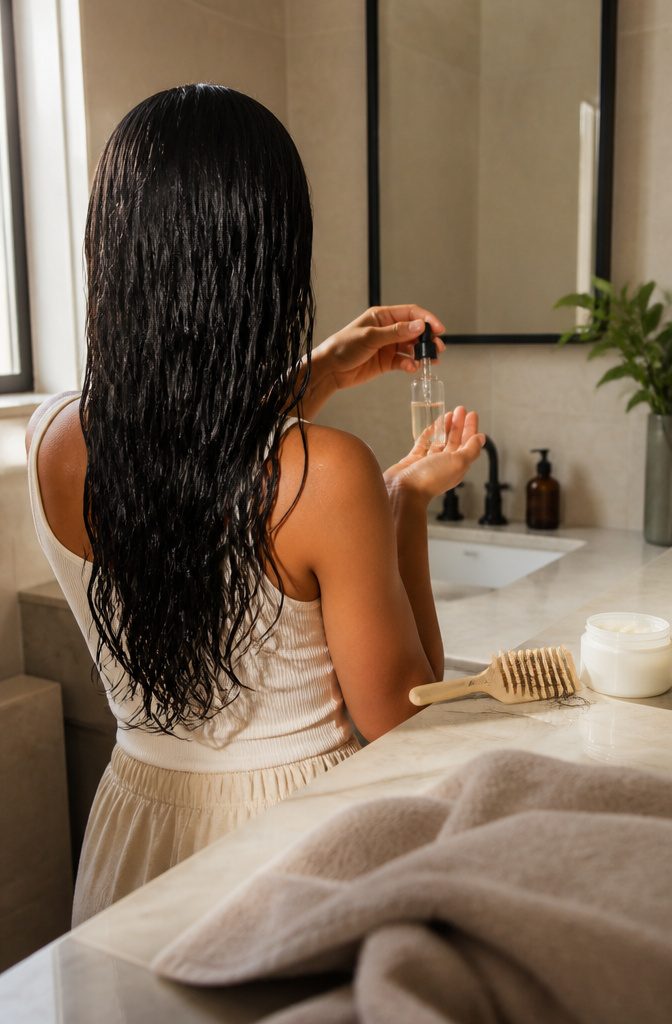 Person holding a glass dropper bottle beside a bathroom vanity
