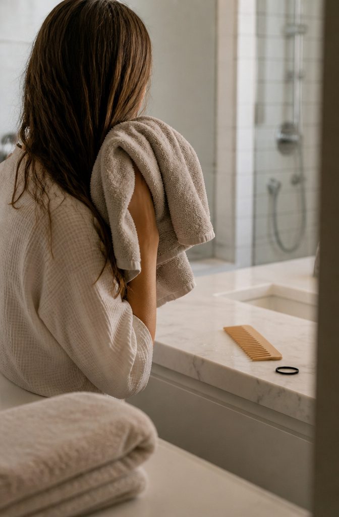 Microfiber towel wrapped around wet hair after washing