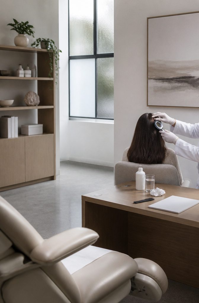 Dermatologist examining a person's scalp for persistent flakes