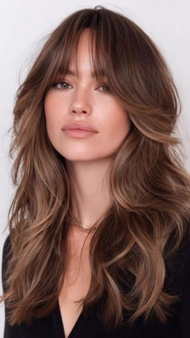 Woman with long highlighted waves and full feathered fringe