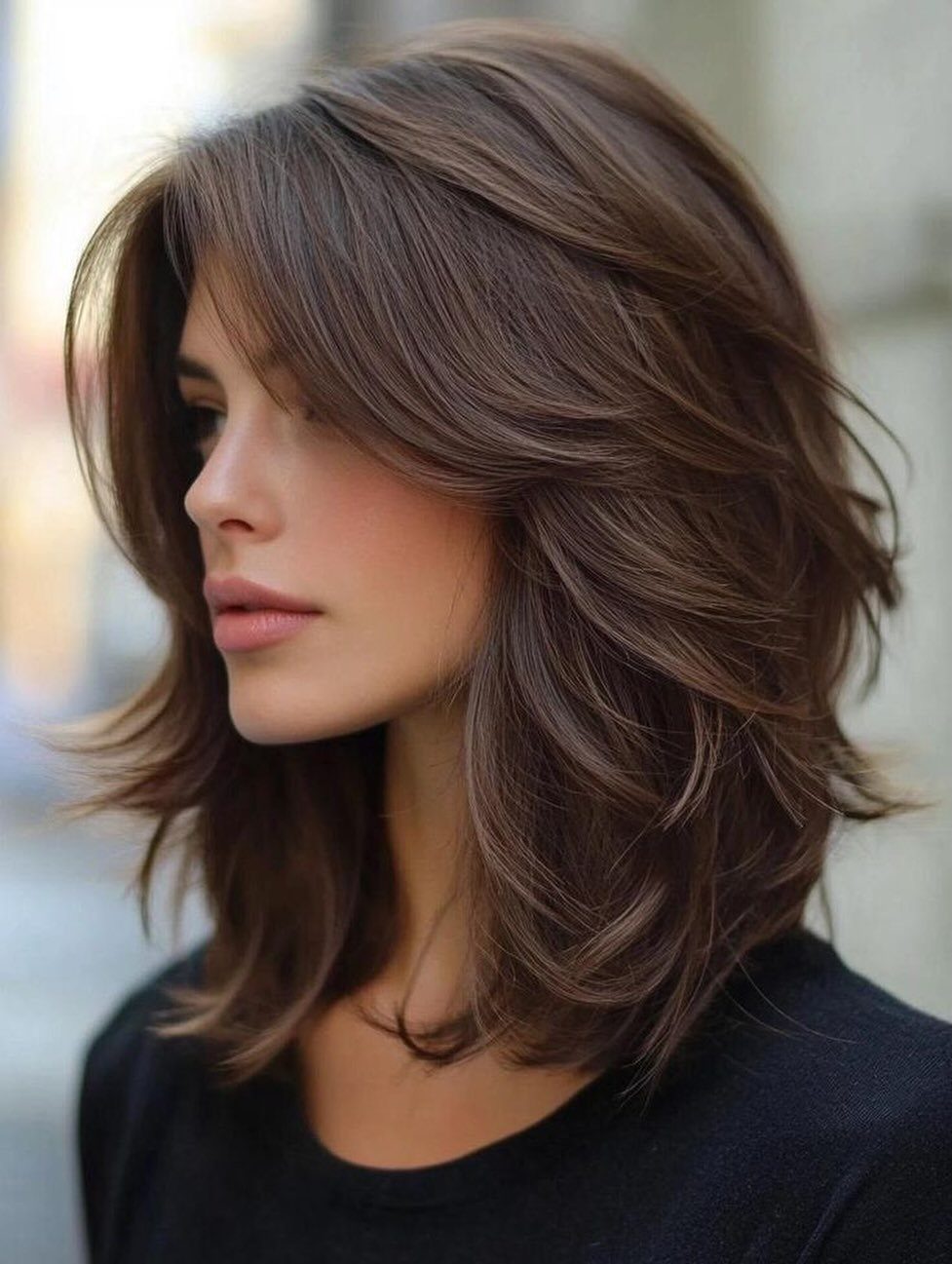 Layered brunette hair with loose waves and choppy ends framing a woman's face
