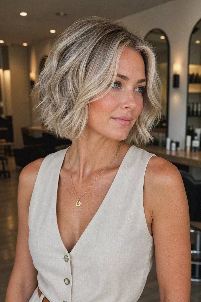Woman showing a tousled blonde bob with dark roots and a deep side part