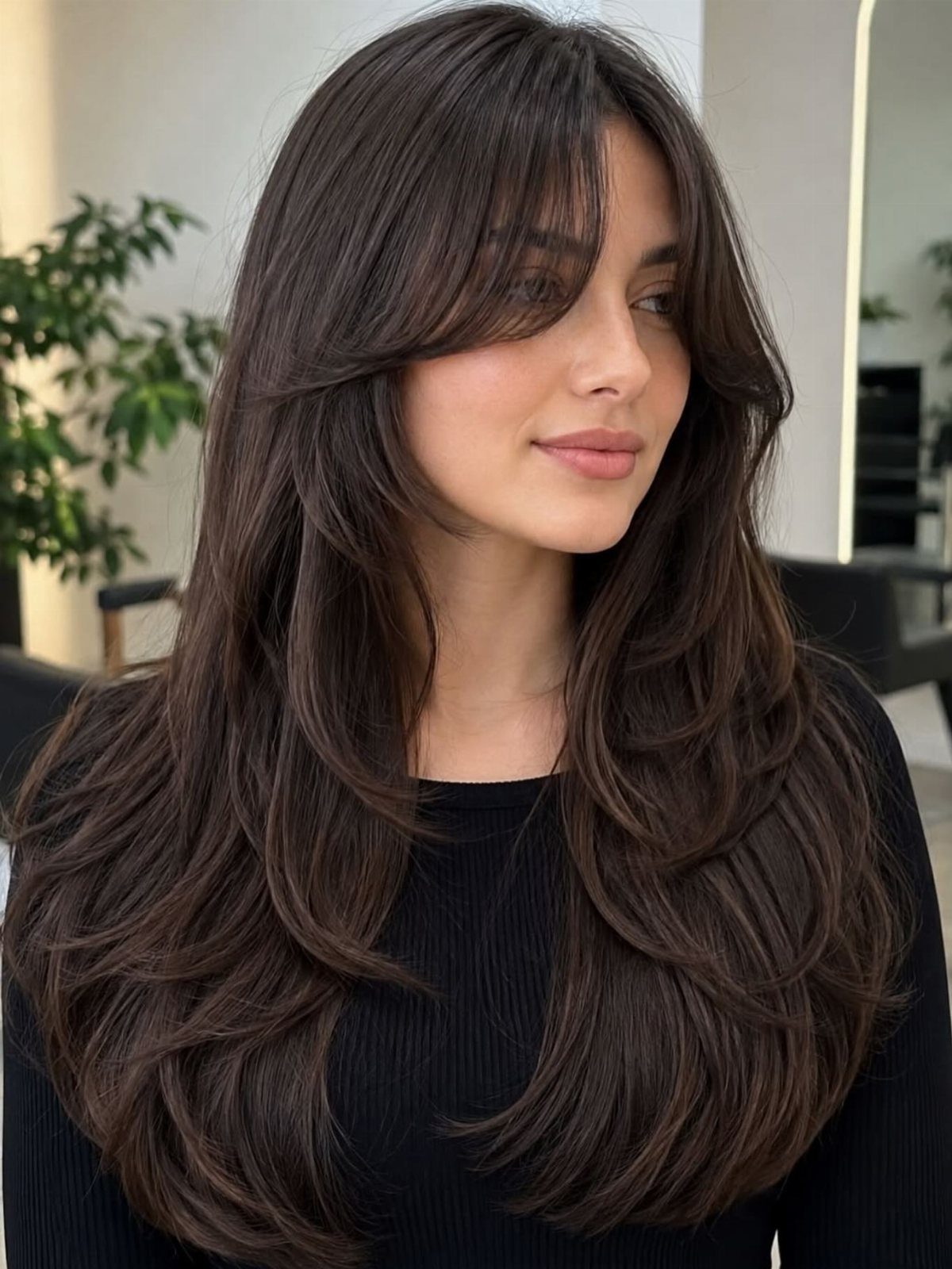 Woman with long dark blended layers and soft face-framing bangs