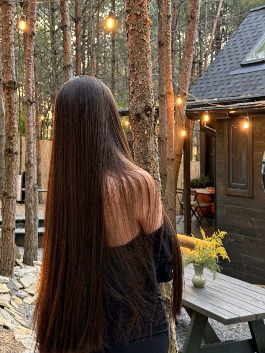 Long, glossy dark hair falls straight down a person’s back on a wooded deck