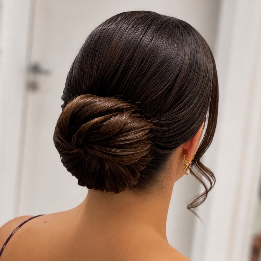 Dark hair swept into a smooth low bun with a curled tendril