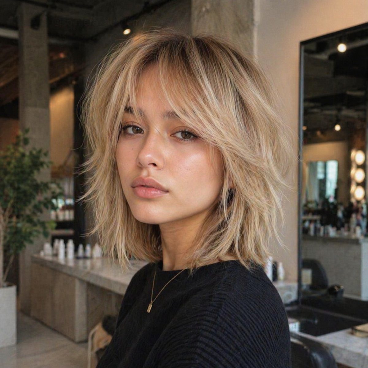 Woman showing a tousled blonde short shag with wispy bangs in a salon