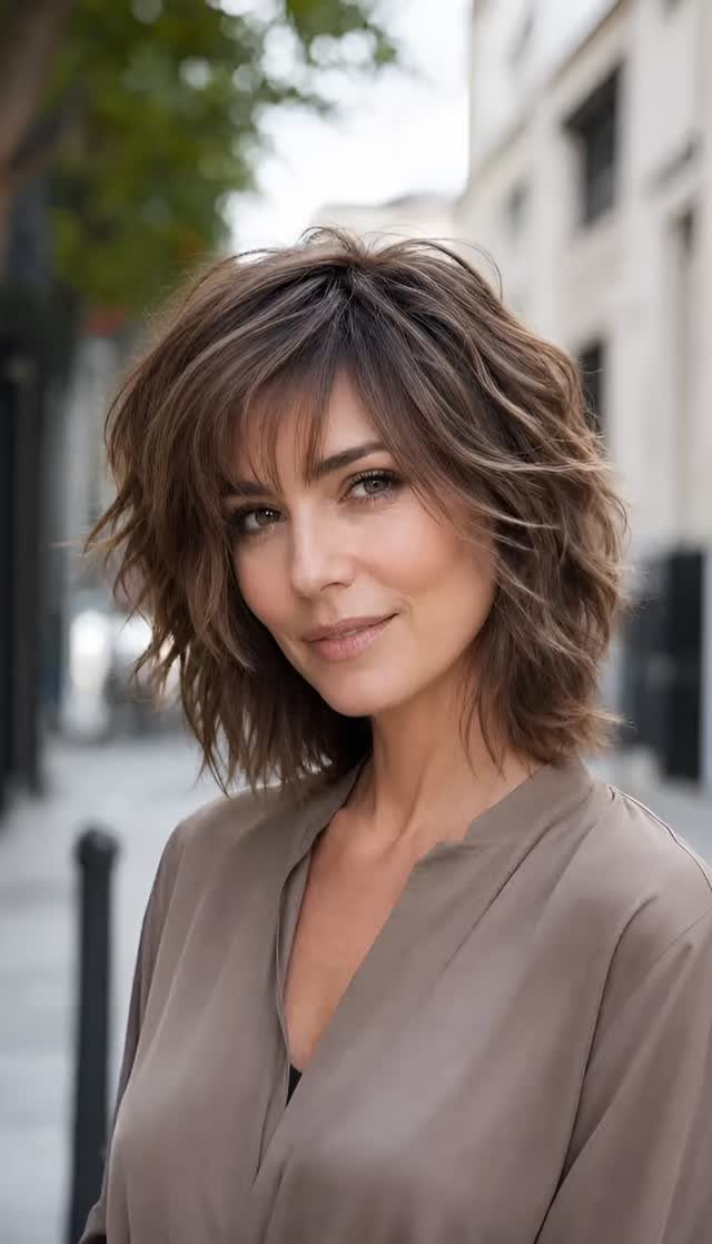 Woman posing outdoors with a softly waved, textured brown bob and wispy bangs