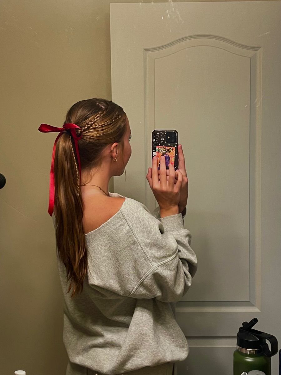 Braided brown hair feeds into a long ponytail tied with a red ribbon