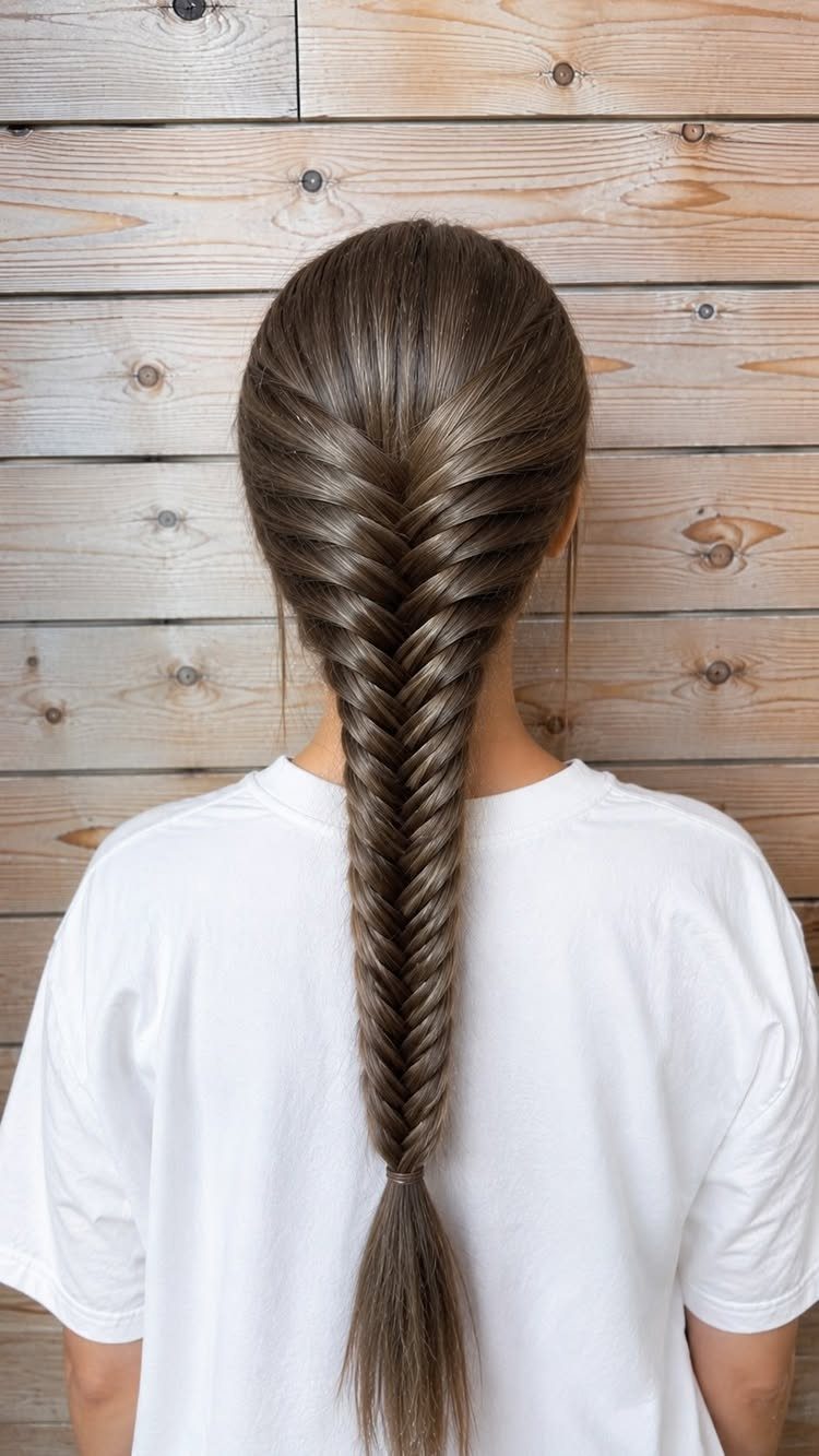 Long fishtail braid shown from behind against a pale wooden wall