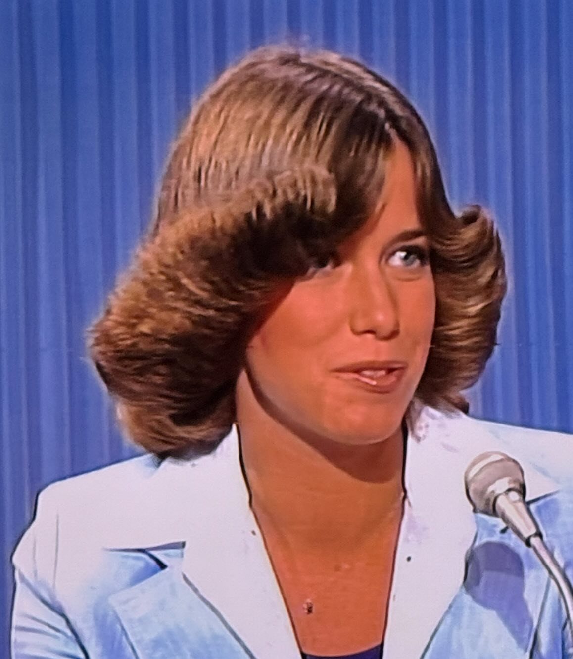 Person with voluminous feathered brown hair and a side-swept fringe