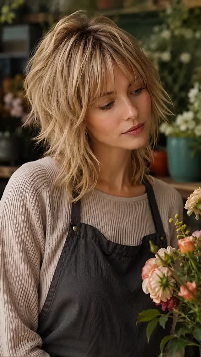 Woman with wispy blonde bangs and layered, tousled bob among flowers