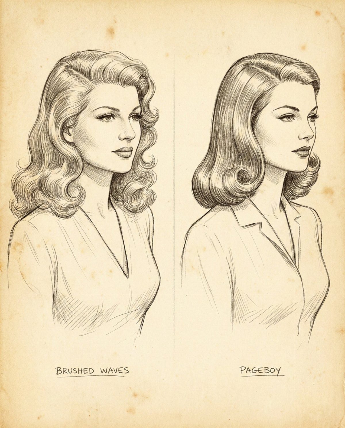 Two vintage hairstyle drawings show brushed waves and a pageboy bob.
