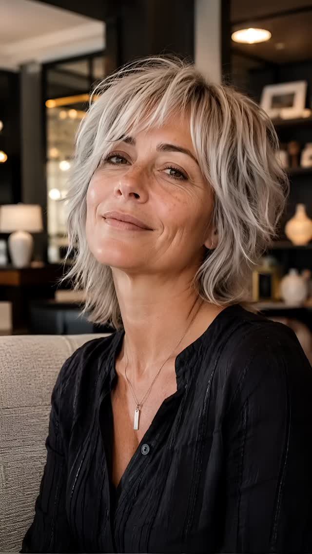 Woman showing a short, choppy layered silver-blonde shag haircut in a salon