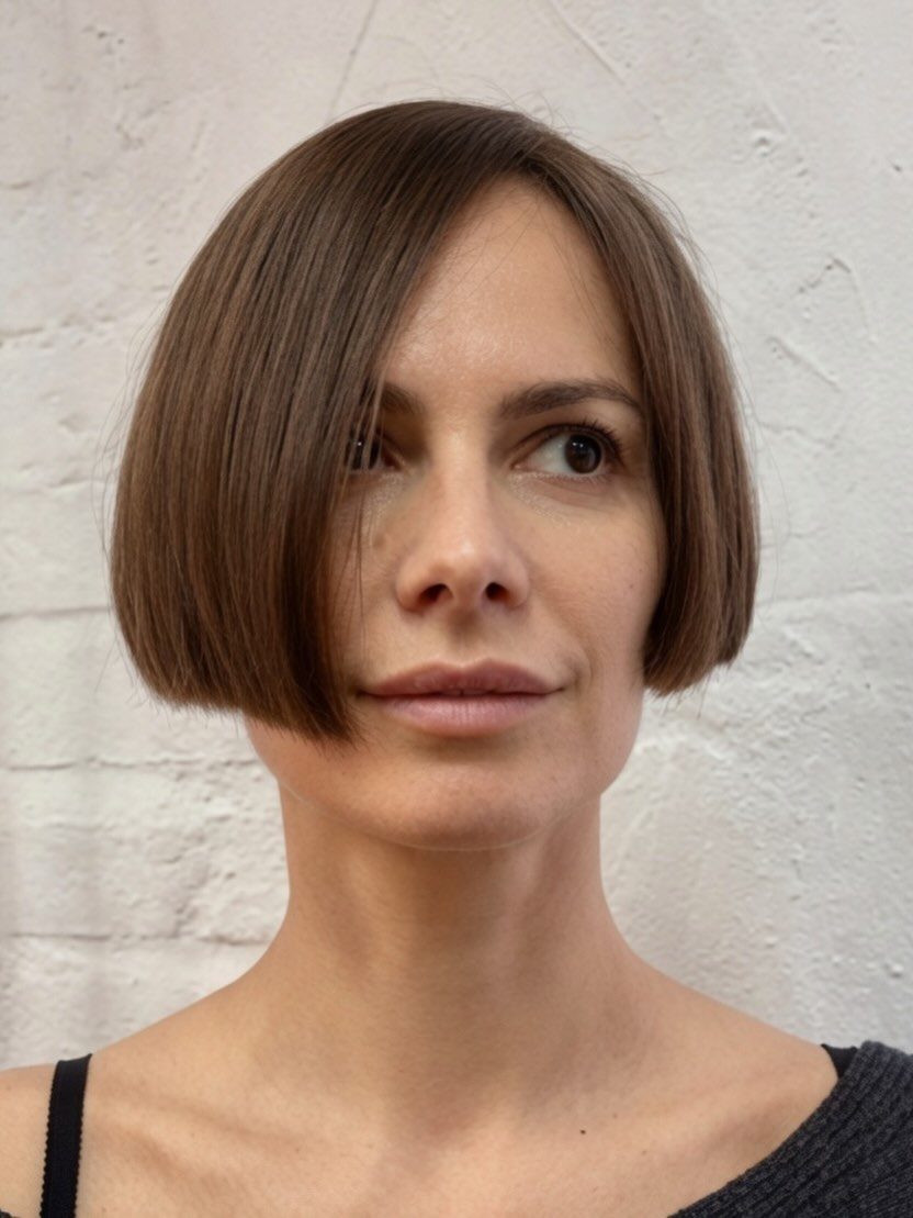 Woman with a straight brown bob reaching her chin against a white wall
