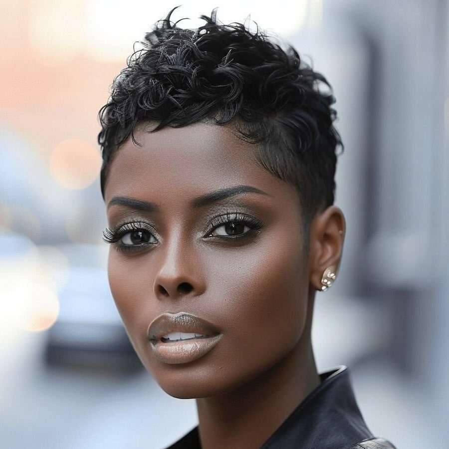 Woman with a short, textured dark pixie cut and closely cropped sides