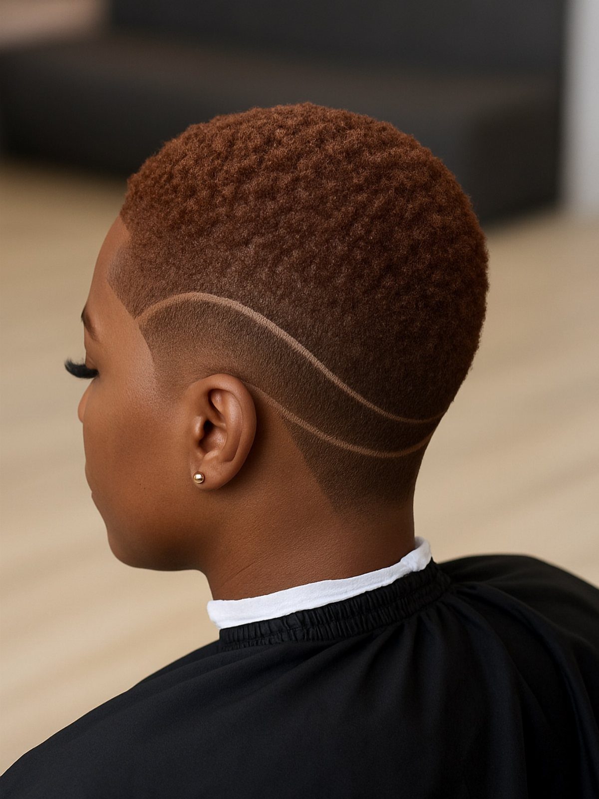 Short textured haircut with a skin fade and curved shaved lines