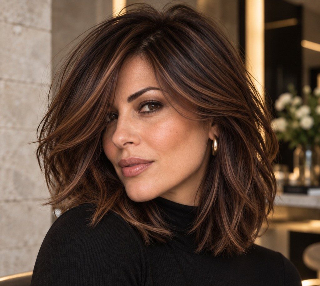 Woman with a layered shoulder-length brown lob and side-swept bangs.