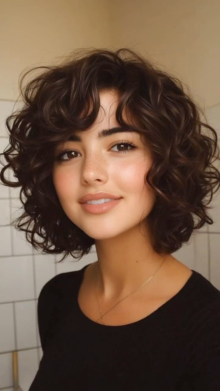 Woman wearing a layered, voluminous dark curly bob with soft bangs