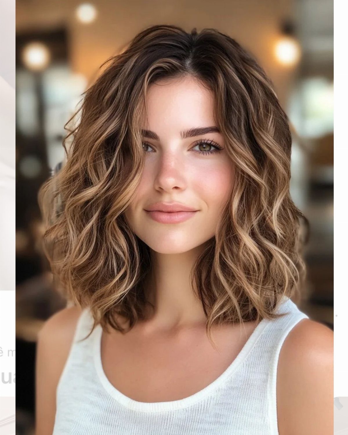 Woman with a shoulder-length wavy brown lob and soft highlights