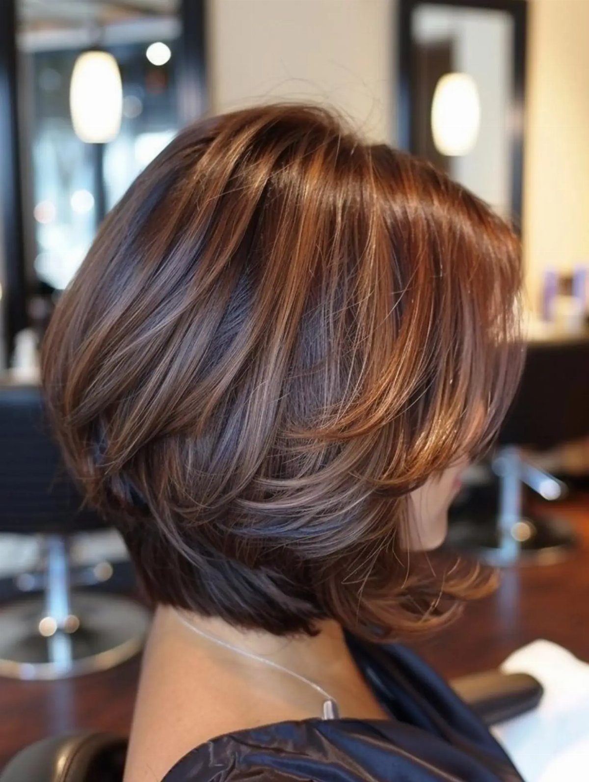 Layered brown bob with curved, flipped ends styled in a salon