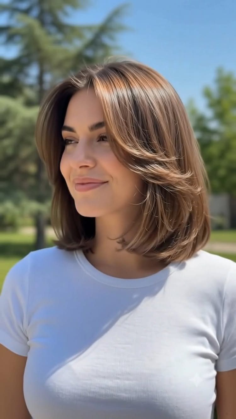 Woman with an off-centre part and a textured, shoulder-length brown lob