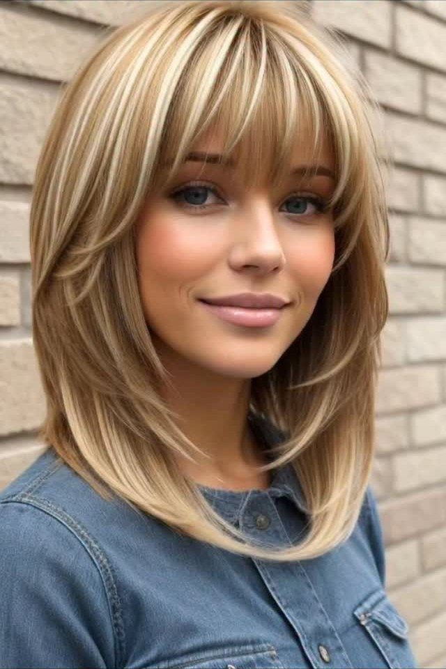 Blonde shoulder-length hair with soft blended layers and full ends